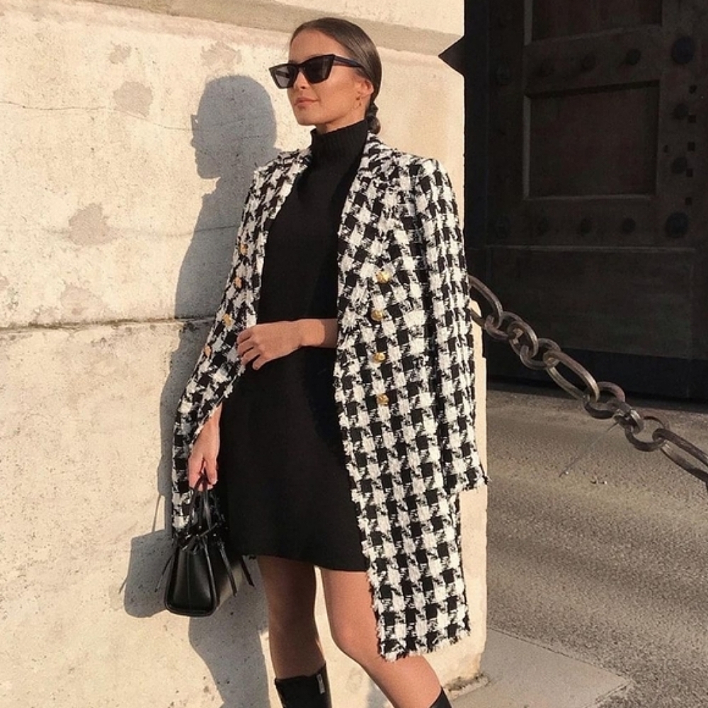 Zara Tweed Textured Double Breasted Coat  Houndstooth Size XS